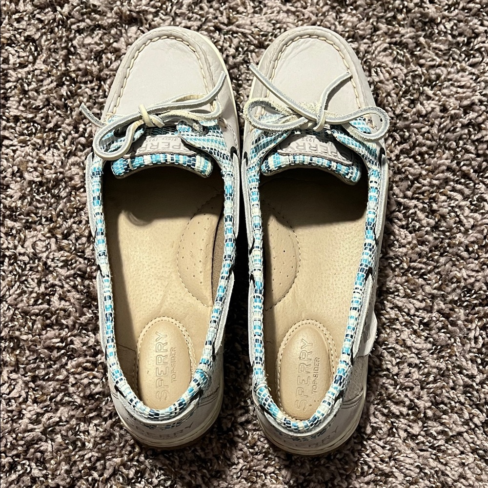 Sperry Cream Boat Shoes with Aqua Trim